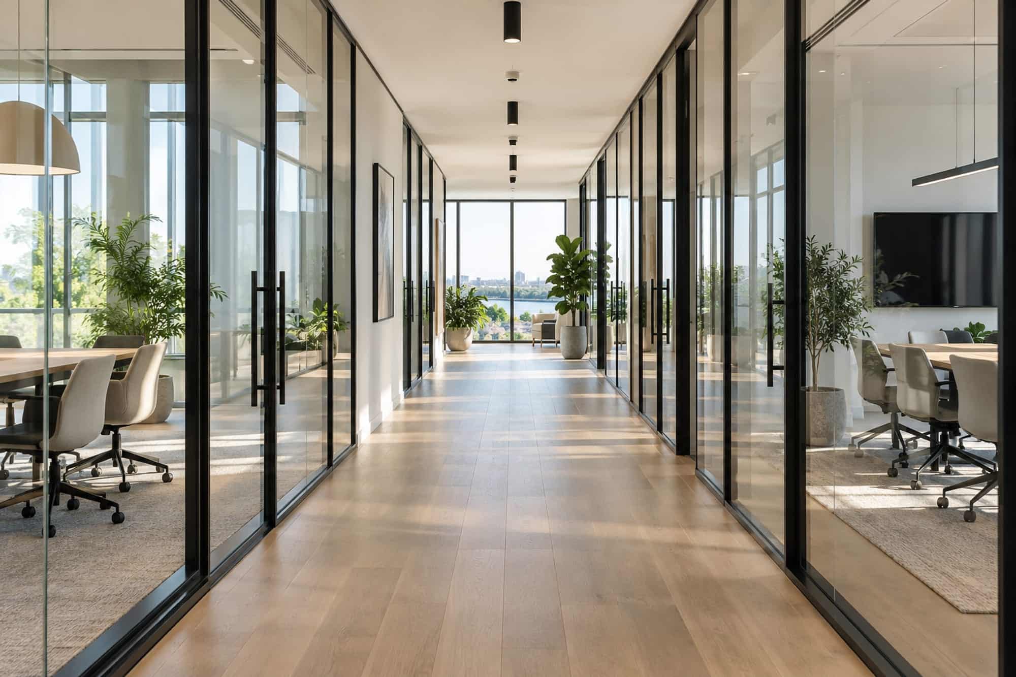 Office corridor lined with glass-walled meeting rooms