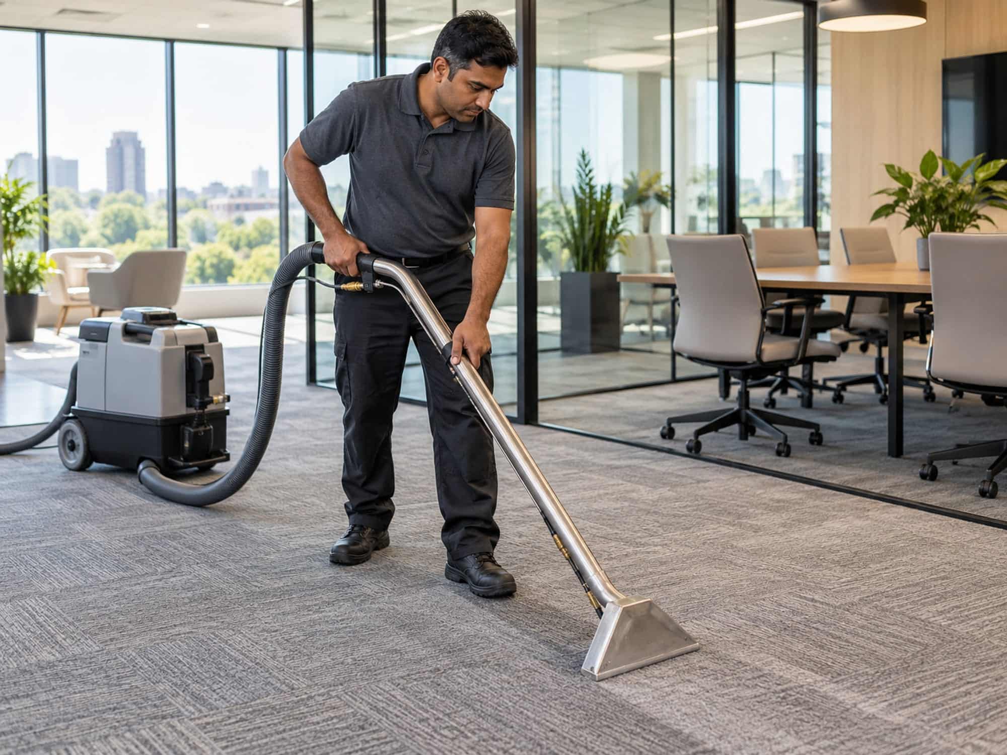 Man deep-cleaning office carpet with a commercial carpet extractor