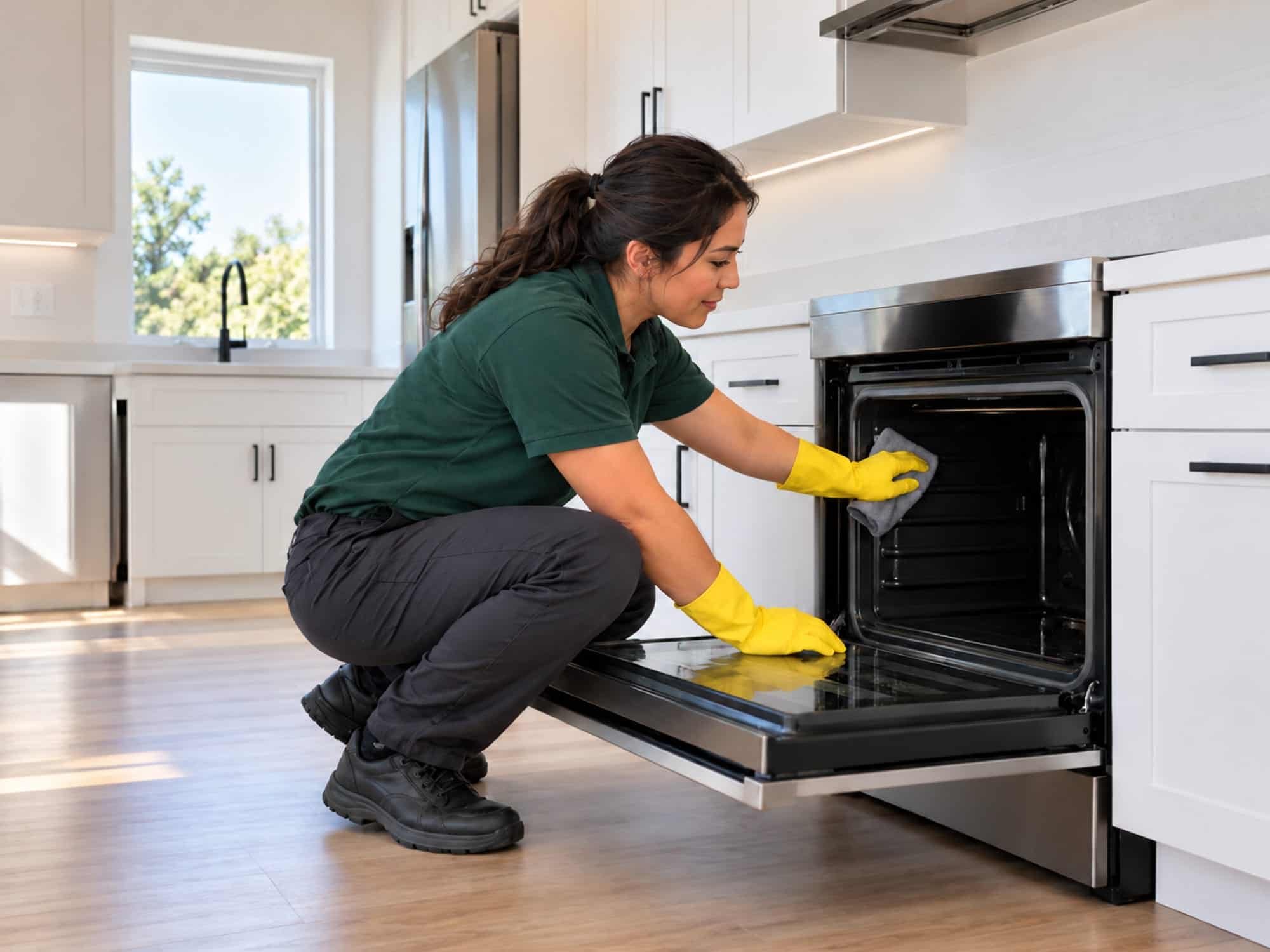 Woman cleaning inside an oven with a cloth in an empty apartment kitchen during a move-out clean