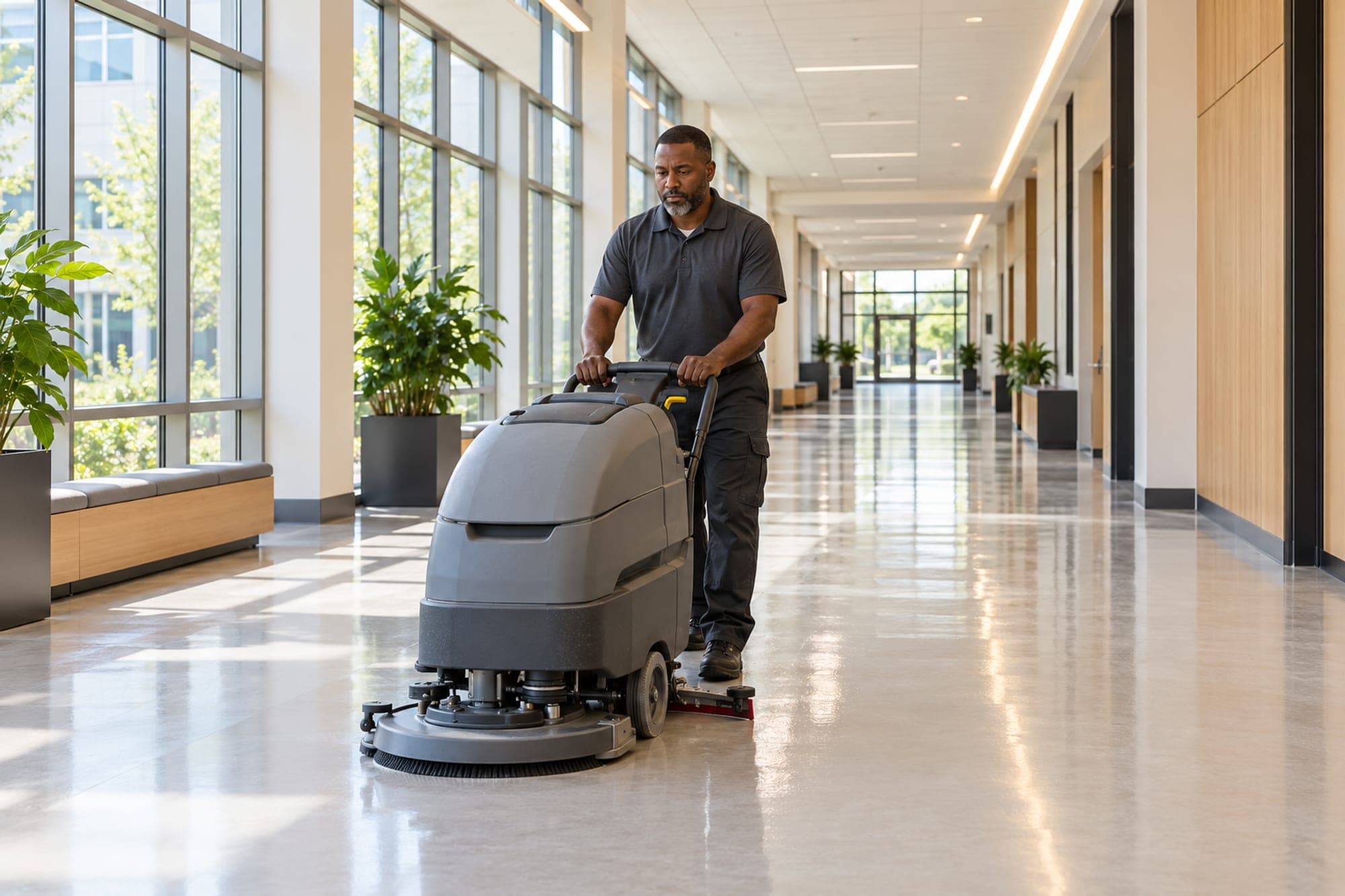 Man using a walk-behind floor scrubber in a bright building corridor