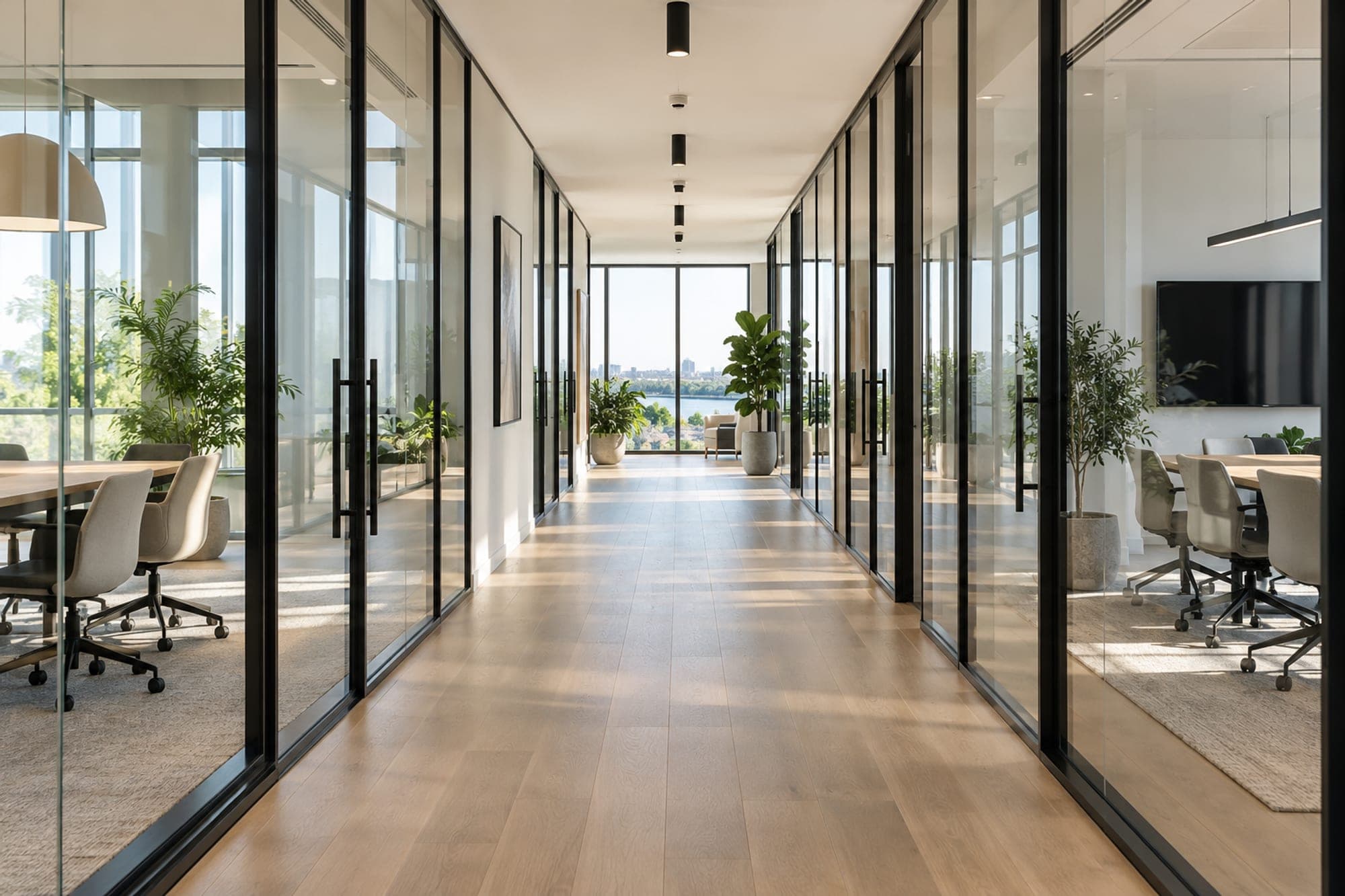 Office corridor lined with glass-walled meeting rooms