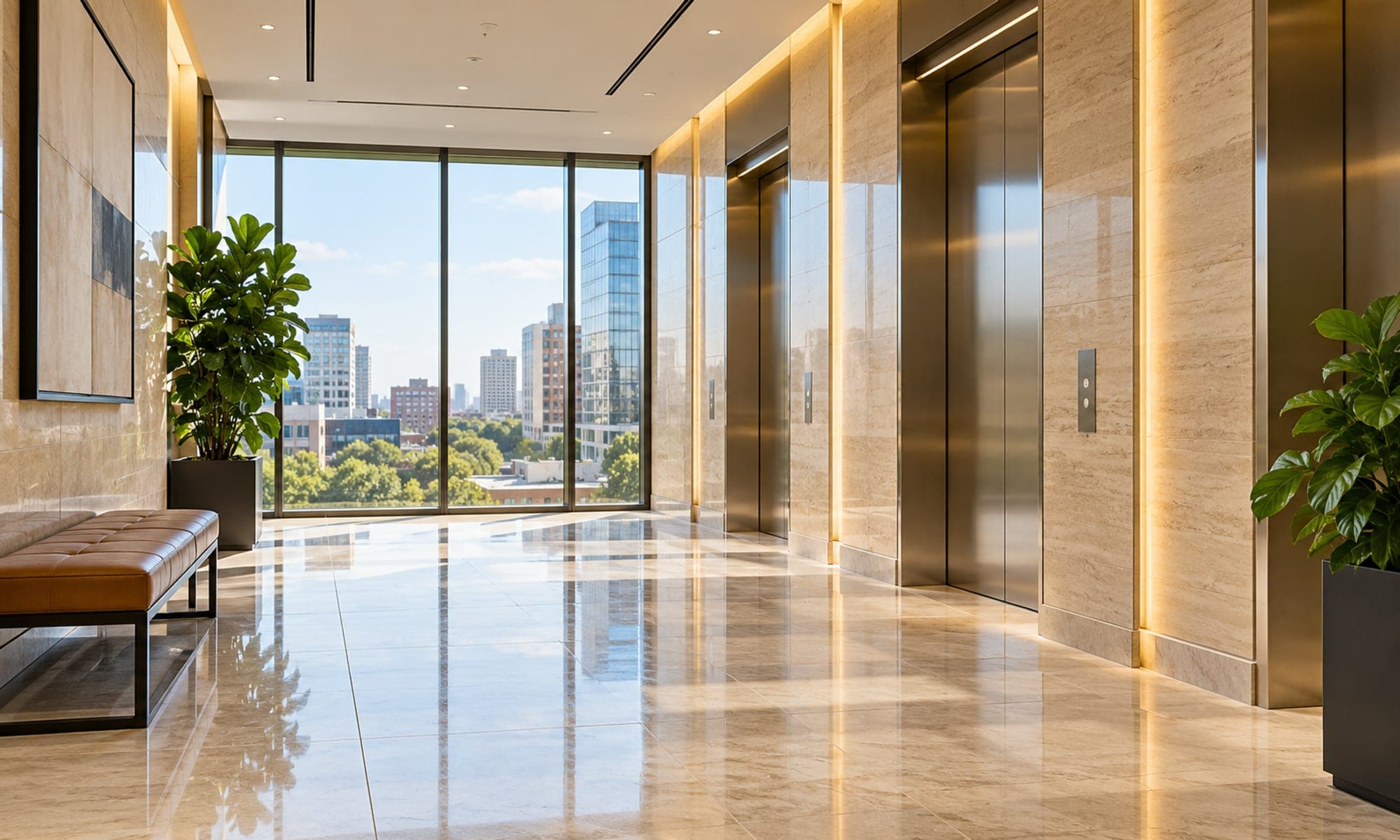 Modern office building elevator lobby with polished stone floors