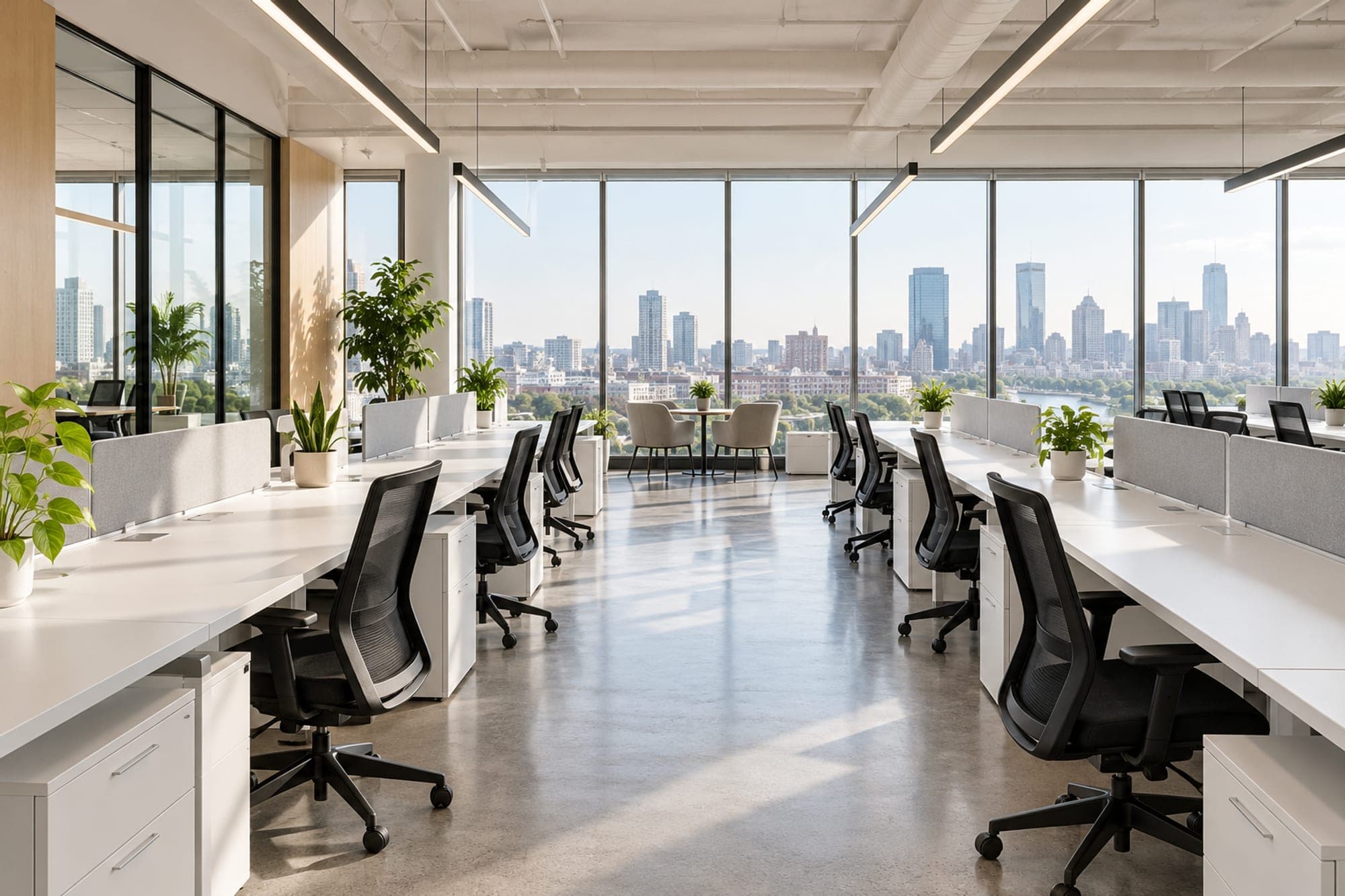 Bright open-plan office with rows of white desks and black chairs by tall windows