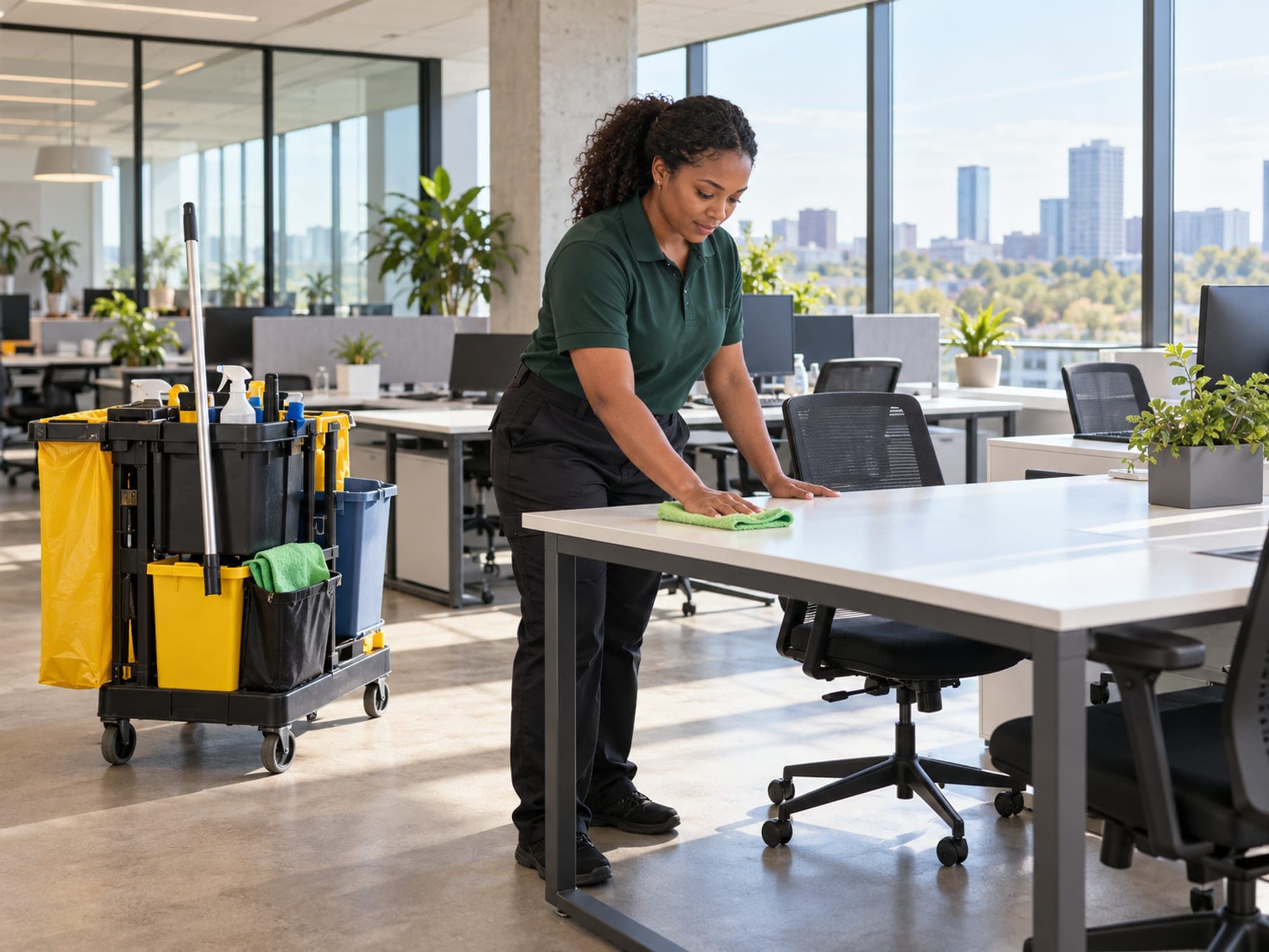 Woman wiping down desks in a bright open-plan office
