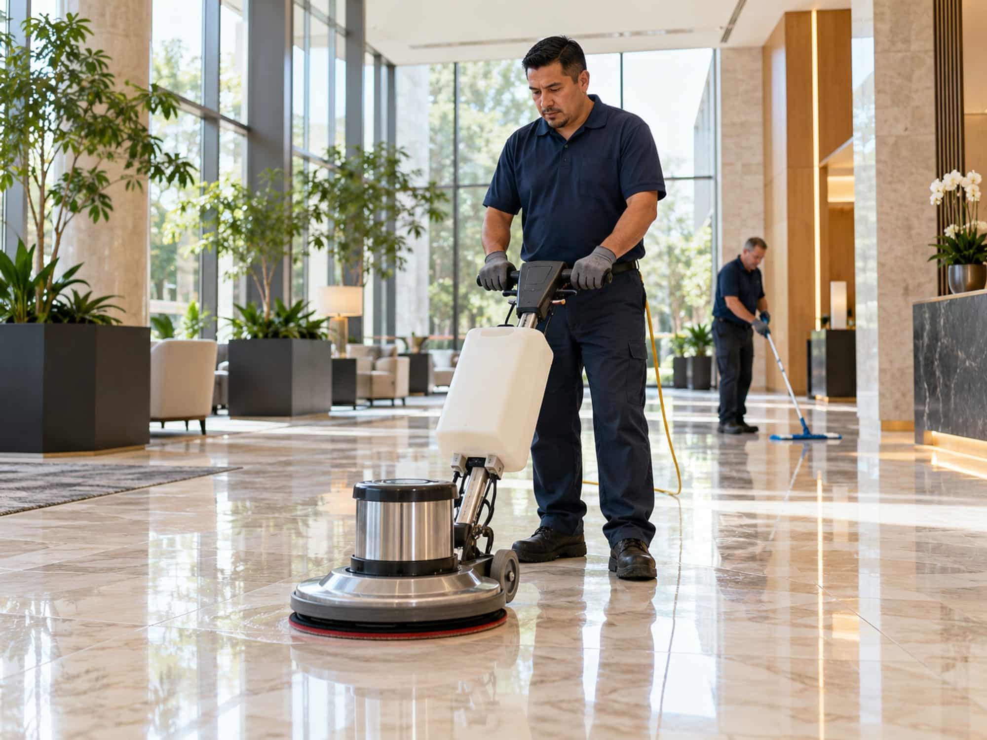 Man operating a floor buffer on a polished marble lobby floor
